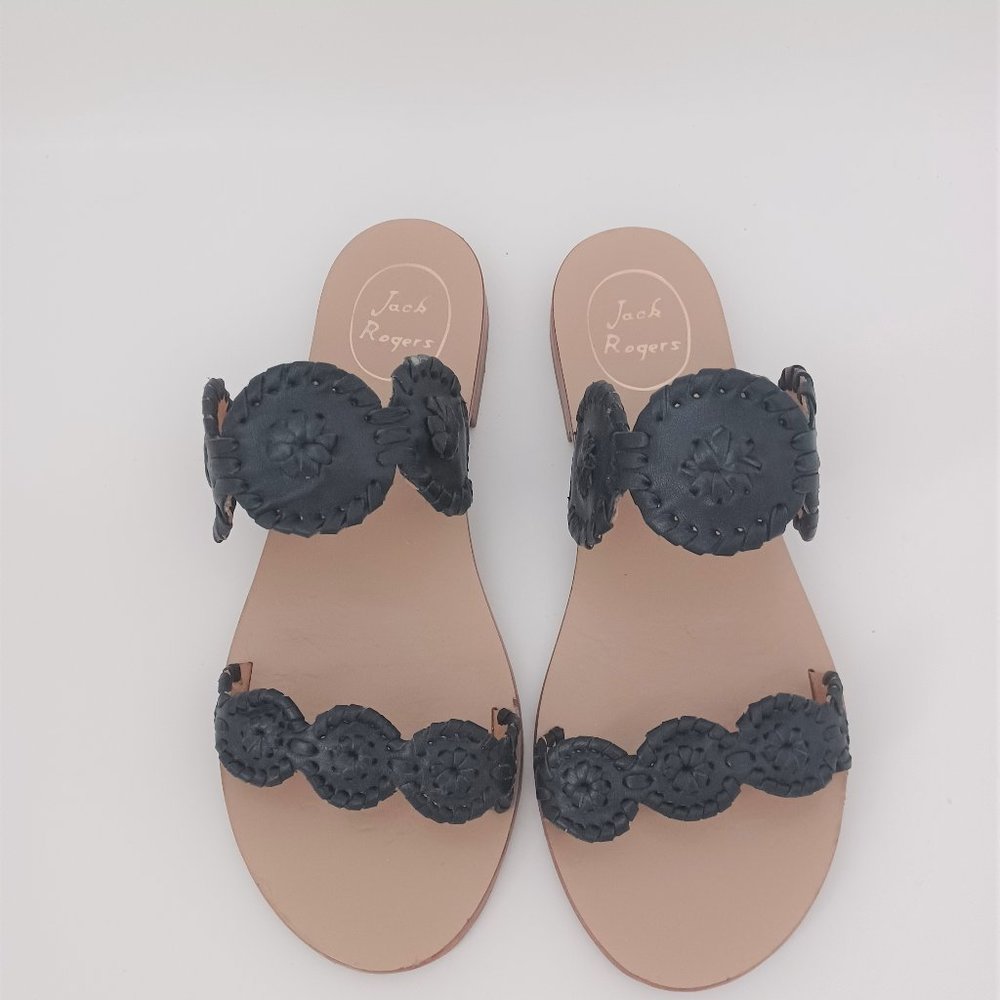 Jack Rogers Black Leather Lauren Slide Sandals Sz 7